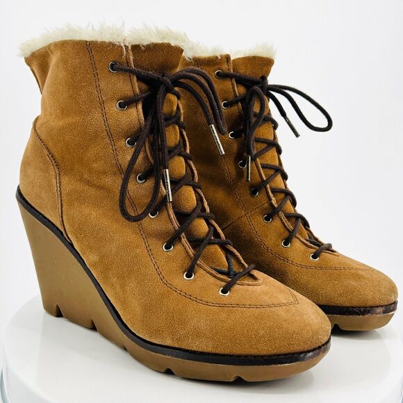 Vintage Y2K Michael Kors Tan Suede Faux Fur Lace-Up Wedge Ankle Boots - Picture 1 of 8
